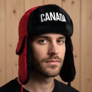 Canada Olympic Trapper Hat HUDSON BAY Vancouver 2010 Red Black Winter Fleece Fur